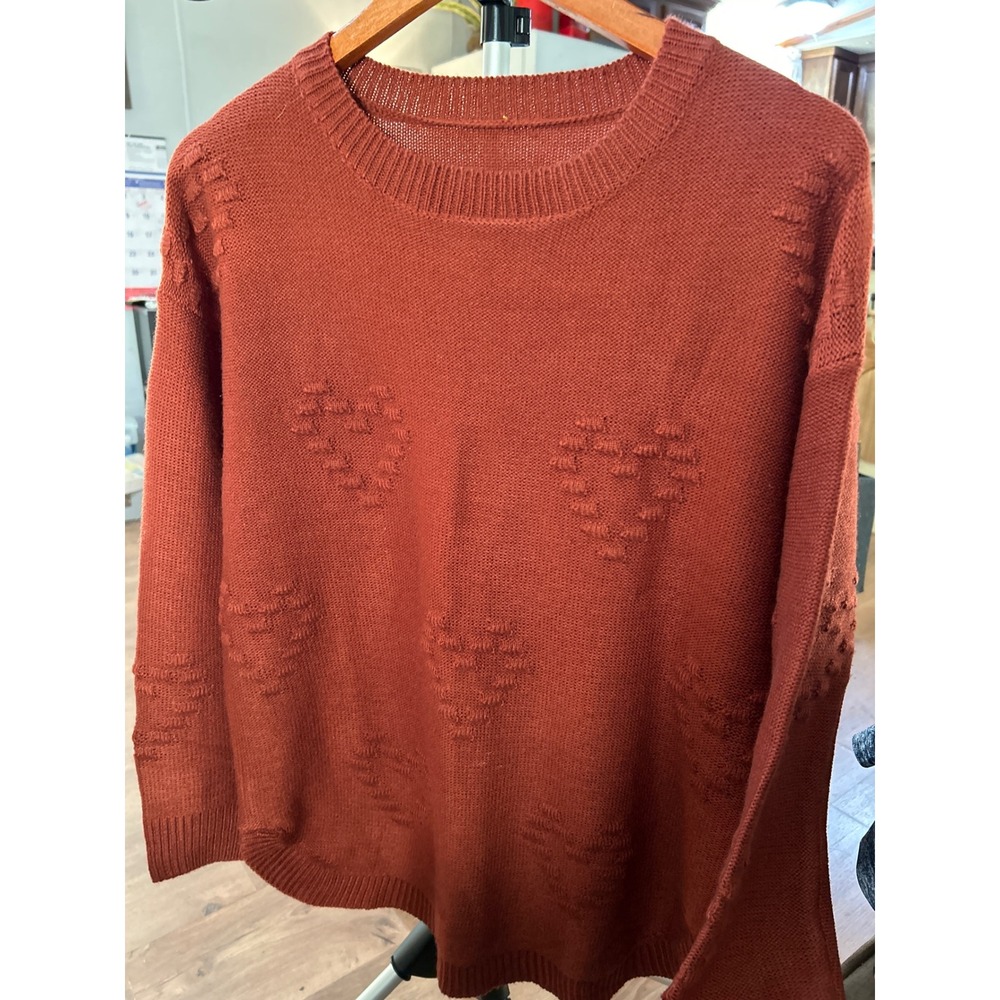 Brown Heart Pattern Knit‎ Sweater, Womens Small, Long Sleeve Fall